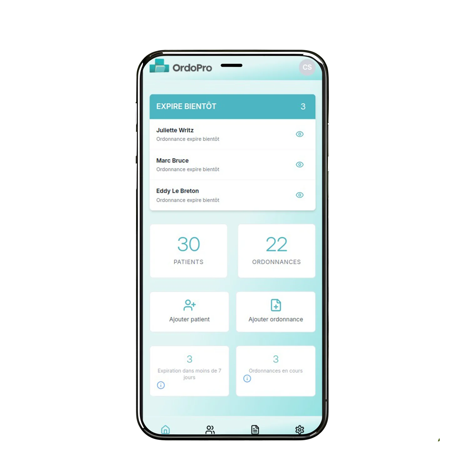 Vue mobile de l’application métier OrdoPro